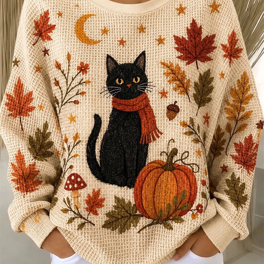 Layla | Halloween Lässiges Katzen-Langarm-Sweatshirt mit Rundhalsausschnitt