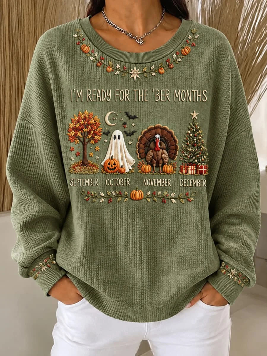 Mia | Halloween Lässiges Ahornblatt-Langarm-Sweatshirt mit Rundhalsausschnitt