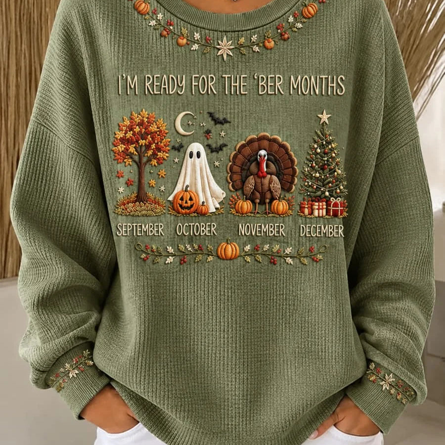 Mia | Halloween Lässiges Ahornblatt-Langarm-Sweatshirt mit Rundhalsausschnitt