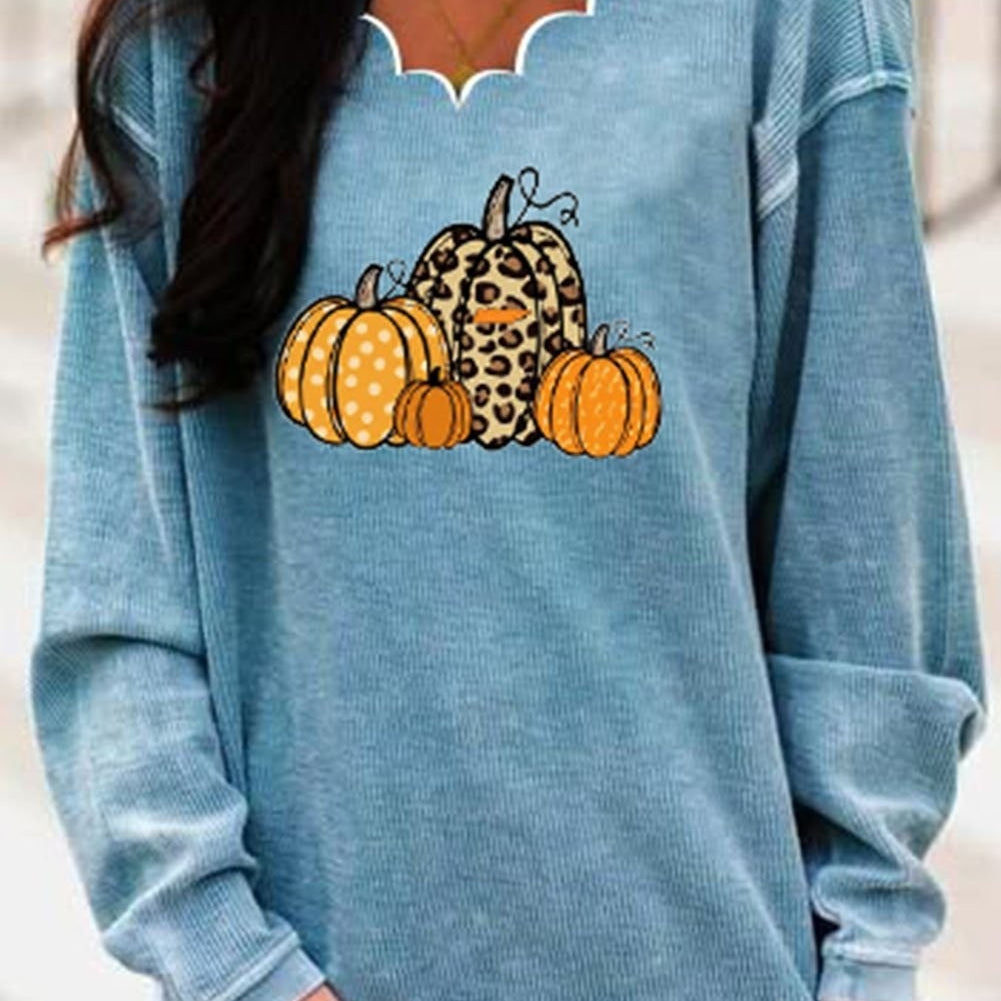 Jacqueline | Langarm-Sweatshirt mit Halloween-Kürbis-Print und V-Ausschnitt