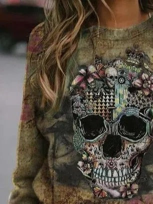 Antonella | Langärmliges Sweatshirt mit Rundhalsausschnitt und Halloween-inspiriertem Totenkopf-Print