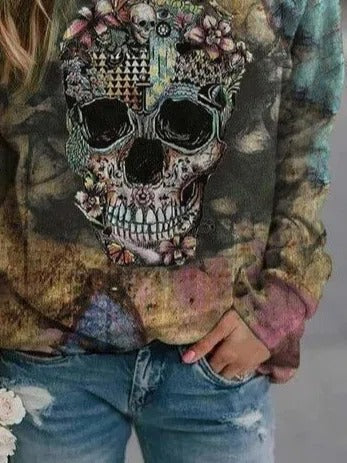 Antonella | Langärmliges Sweatshirt mit Rundhalsausschnitt und Halloween-inspiriertem Totenkopf-Print