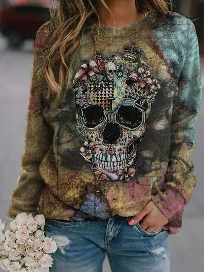 Antonella | Langärmliges Sweatshirt mit Rundhalsausschnitt und Halloween-inspiriertem Totenkopf-Print
