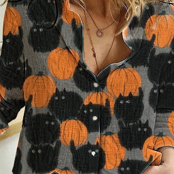 Aurelia | Halloween-inspirierte, langärmlige Bluse mit Kürbis-Katzen-Print und Revers