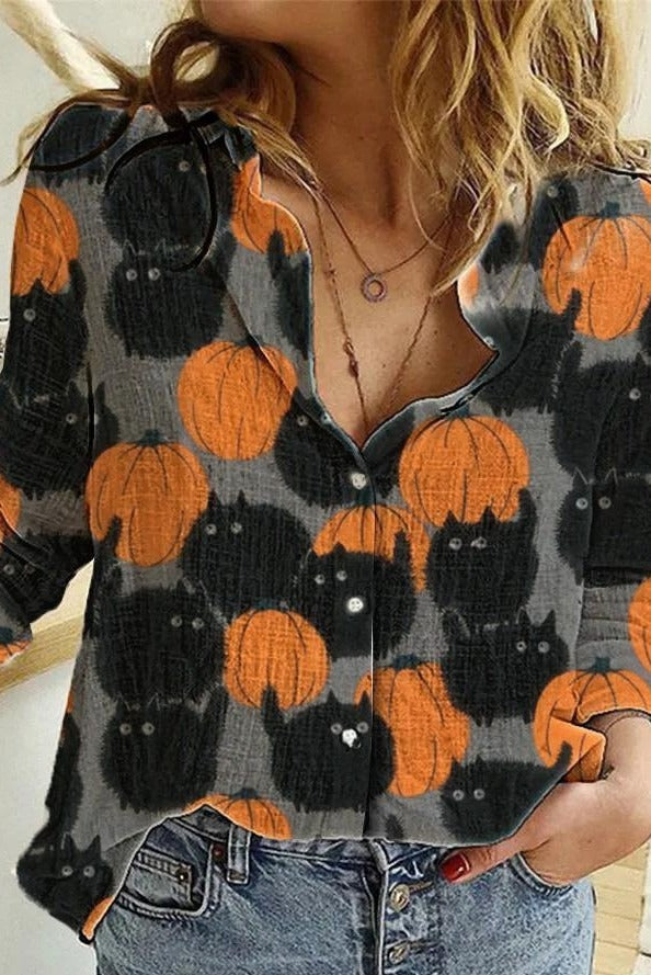 Aurelia | Halloween-inspirierte, langärmlige Bluse mit Kürbis-Katzen-Print und Revers