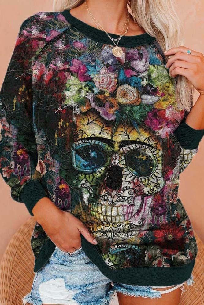Estelle | Langärmliges Sweatshirt mit Rundhalsausschnitt und Halloween-inspiriertem Totenkopf-Print