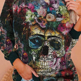 Estelle | Langärmliges Sweatshirt mit Rundhalsausschnitt und Halloween-inspiriertem Totenkopf-Print