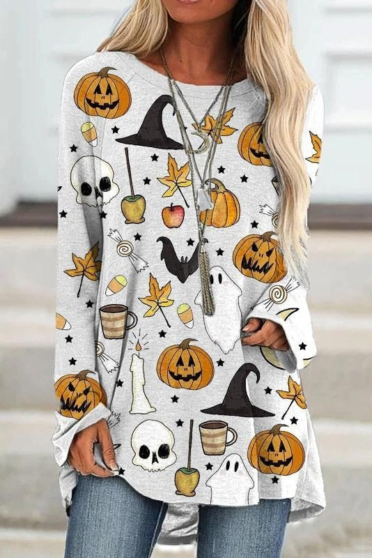 Fatima | Langärmliges Sweatshirt mit Rundhalsausschnitt und Halloween-inspiriertem Kürbis-Print