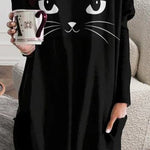 Bruna | Lockeres Langarm-T-Shirt im Katzen-Halloween-Stil mit Rundhalsausschnitt