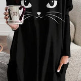 Bruna | Lockeres Langarm-T-Shirt im Katzen-Halloween-Stil mit Rundhalsausschnitt