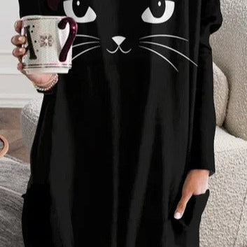 Bruna | Lockeres Langarm-T-Shirt im Katzen-Halloween-Stil mit Rundhalsausschnitt