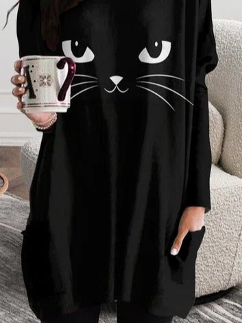Bruna | Lockeres Langarm-T-Shirt im Katzen-Halloween-Stil mit Rundhalsausschnitt
