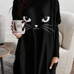 Bruna | Lockeres Langarm-T-Shirt im Katzen-Halloween-Stil mit Rundhalsausschnitt