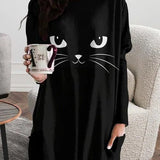 Bruna | Lockeres Langarm-T-Shirt im Katzen-Halloween-Stil mit Rundhalsausschnitt