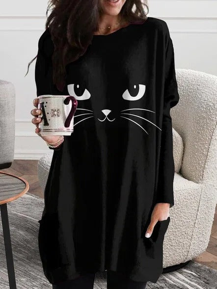 Bruna | Lockeres Langarm-T-Shirt im Katzen-Halloween-Stil mit Rundhalsausschnitt