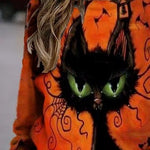 Karina | Langarm-Sweatshirt mit Rundhalsausschnitt und Halloween-Vintage-Katzenmuster