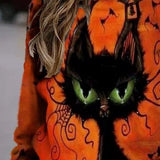 Karina | Langarm-Sweatshirt mit Rundhalsausschnitt und Halloween-Vintage-Katzenmuster