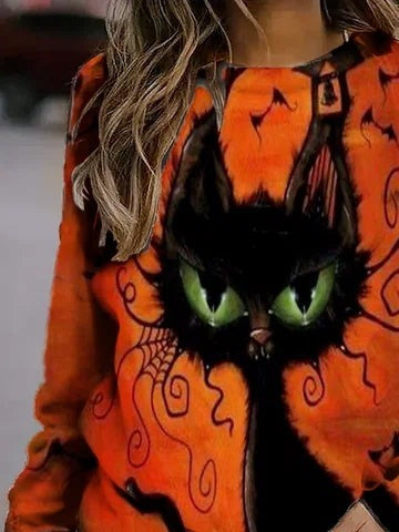 Karina | Langarm-Sweatshirt mit Rundhalsausschnitt und Halloween-Vintage-Katzenmuster