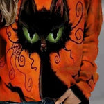 Karina | Langarm-Sweatshirt mit Rundhalsausschnitt und Halloween-Vintage-Katzenmuster
