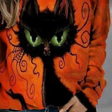 Karina | Langarm-Sweatshirt mit Rundhalsausschnitt und Halloween-Vintage-Katzenmuster