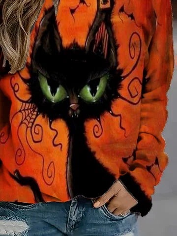 Karina | Langarm-Sweatshirt mit Rundhalsausschnitt und Halloween-Vintage-Katzenmuster