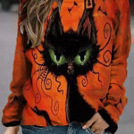 Karina | Langarm-Sweatshirt mit Rundhalsausschnitt und Halloween-Vintage-Katzenmuster