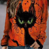 Karina | Langarm-Sweatshirt mit Rundhalsausschnitt und Halloween-Vintage-Katzenmuster