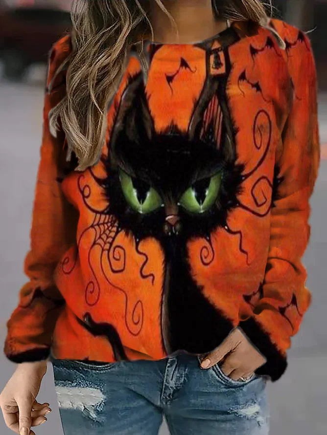 Karina | Langarm-Sweatshirt mit Rundhalsausschnitt und Halloween-Vintage-Katzenmuster