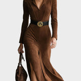 Famke - Midi-Kleid im Westernstil aus Wildleder mit Kragen und Schlitz