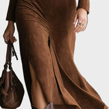 Famke - Midi-Kleid im Westernstil aus Wildleder mit Kragen und Schlitz