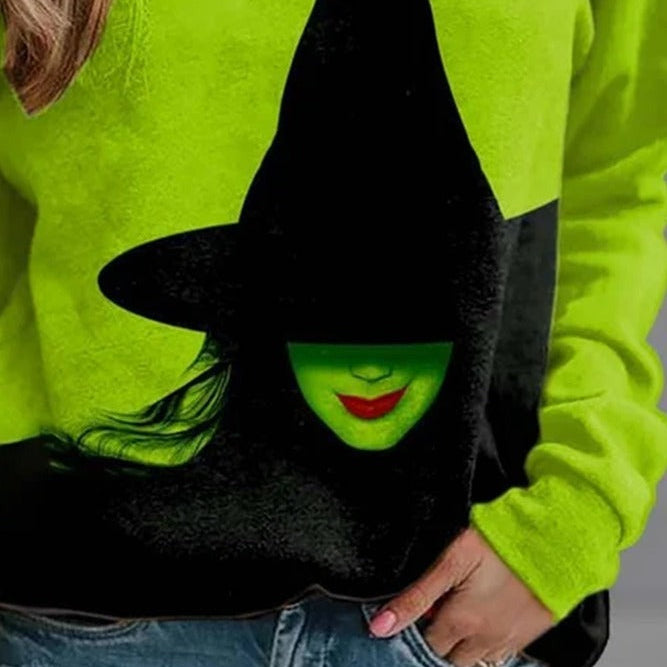 Sophia | Loses Rundhals-Sweatshirt mit Farbblock-Aufdruck und Halloween-inspiriertem Aufdruck
